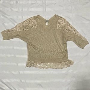 Cream Daytrip Sweater with lace detail at hem and over shoulders size XL